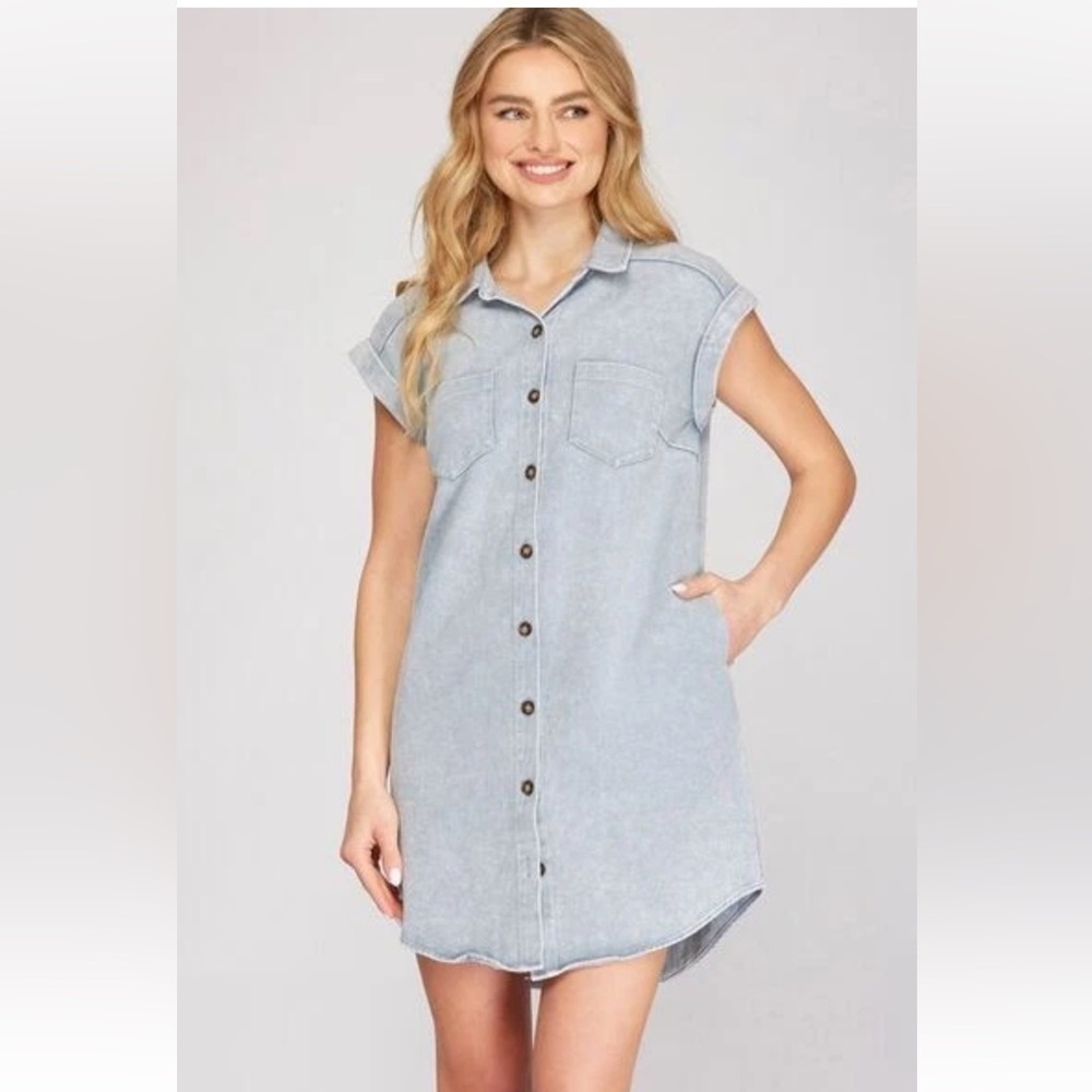 She + Sky Full Size denim Folded Cuff Button Down Washed Twill Shirt Dress sz L